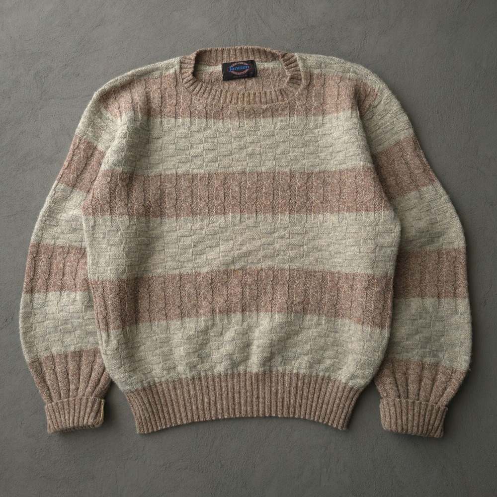 Vintage 80s Jantzen Brown Striped Sweater Size M Cable Knit USA Made
